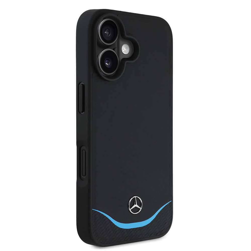 iPhone 16 Kılıf Mercedes Benz Orjinal Lisanslı M-safe Şarj Özellikli 3D Metal Logolu Mavi Yatay Eğri Çizgili Deri Kılıf