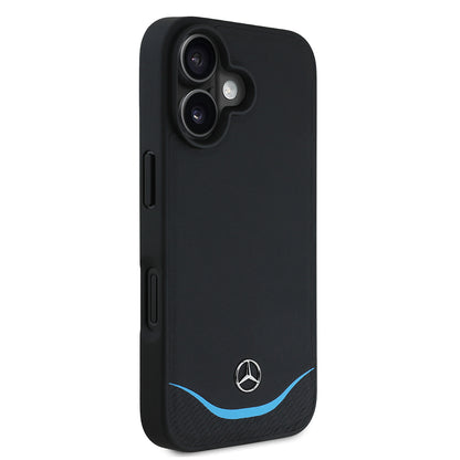 iPhone 16 Kılıf Mercedes Benz Orjinal Lisanslı M-safe Şarj Özellikli 3D Metal Logolu Mavi Yatay Eğri Çizgili Deri Kılıf