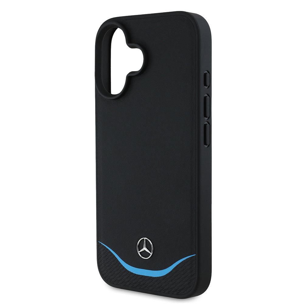 Apple iPhone 16 Kılıf Mercedes Benz Orjinal Lisanslı M-safe Şarj Özellikli 3D Metal Logolu Mavi Yatay Eğri Çizgili Deri Kapak Siyah