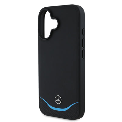 Apple iPhone 16 Kılıf Mercedes Benz Orjinal Lisanslı M-safe Şarj Özellikli 3D Metal Logolu Mavi Yatay Eğri Çizgili Deri Kapak Siyah