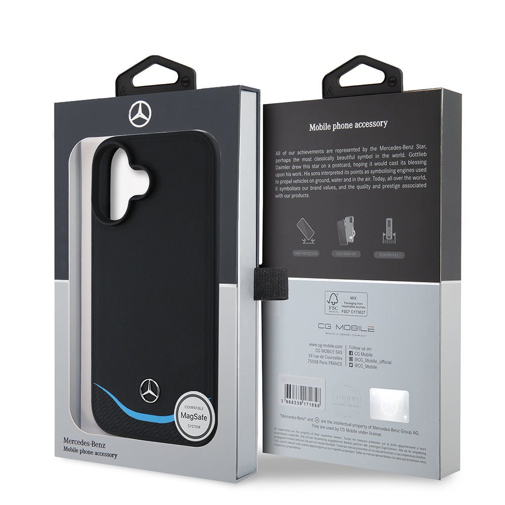 Apple iPhone 16 Kılıf Mercedes Benz Orjinal Lisanslı M-safe Şarj Özellikli 3D Metal Logolu Mavi Yatay Eğri Çizgili Deri Kapak Siyah