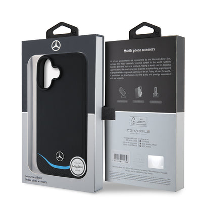 Apple iPhone 16 Kılıf Mercedes Benz Orjinal Lisanslı M-safe Şarj Özellikli 3D Metal Logolu Mavi Yatay Eğri Çizgili Deri Kapak Siyah