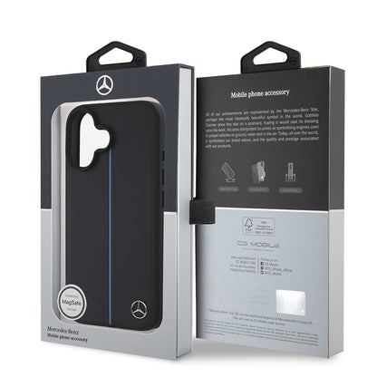 iPhone 16 Kılıf Mercedes Benz Orjinal Lisanslı M-safe Şarj Özellikli Metal Yıldız Logolu Mavi Çizgili Deri Kılıf