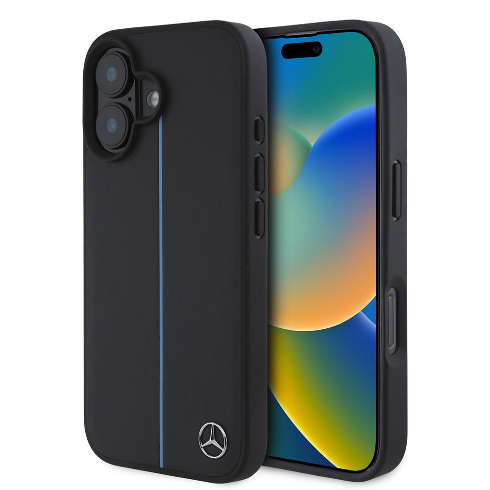 iPhone 16 Kılıf Mercedes Benz Orjinal Lisanslı M-safe Şarj Özellikli Metal Yıldız Logolu Mavi Çizgili Deri Kılıf