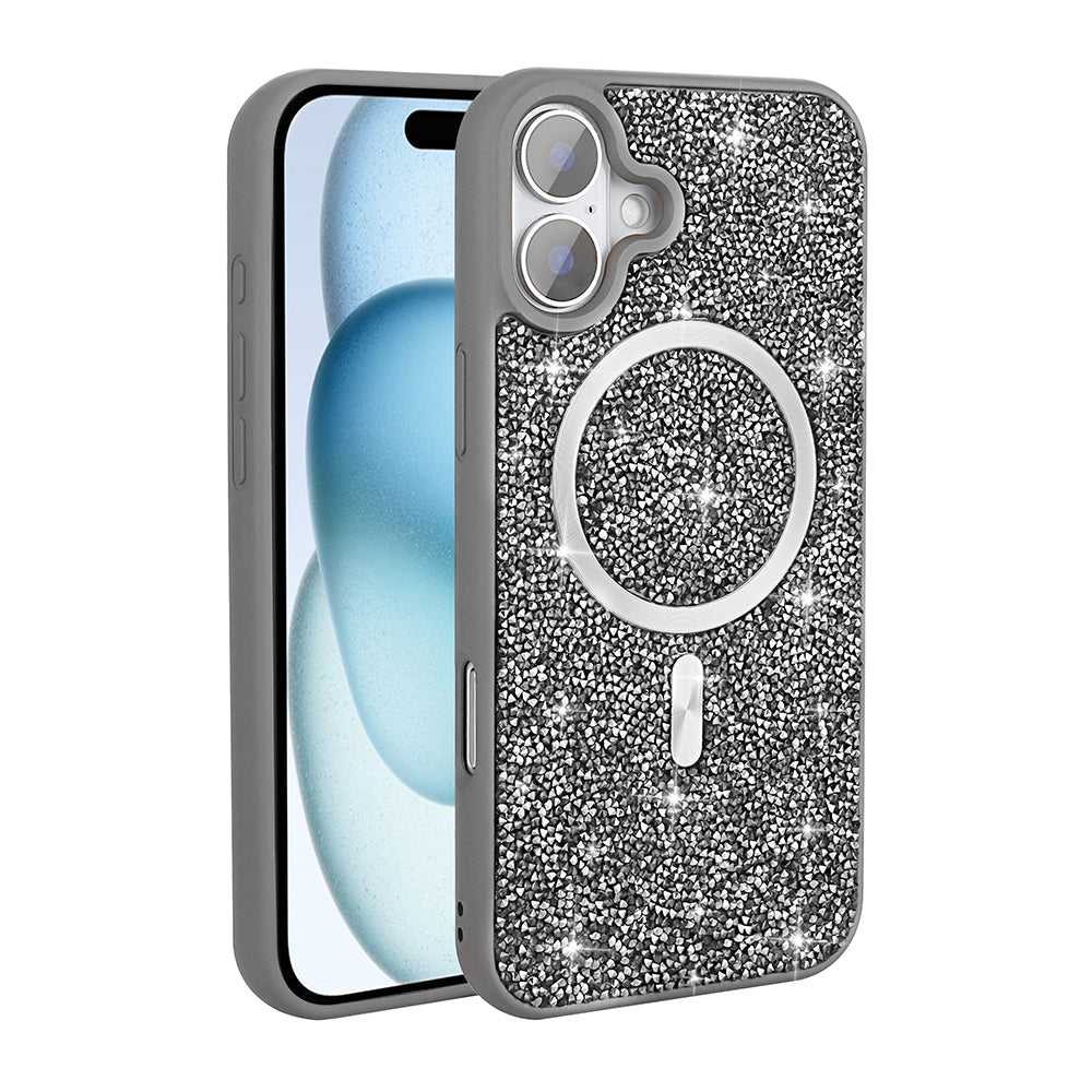 Apple iPhone 16 Kılıf Pırlanta Tasarımlı M-safe Şarj Özellikli Zore Mozaik Silikon Kapak Siyah