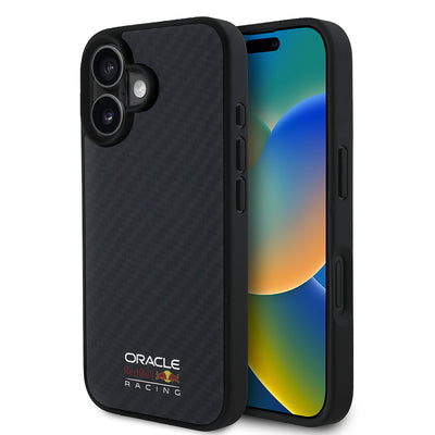 Apple iPhone 16 Kılıf Redbull Orjinal Lisanslı M-safe Şarj Özellikli Karbon Fiber Tasarımlı Parlayan Logolu Kapak Siyah