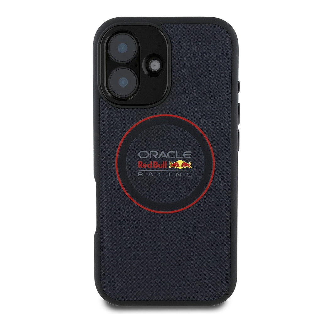 Apple iPhone 16 Kılıf Redbull Orjinal Lisanslı M-safe Şarj Özellikli Kırmızı Halka ve Logo Kabartmalı PU Deri Kapak Lacivert