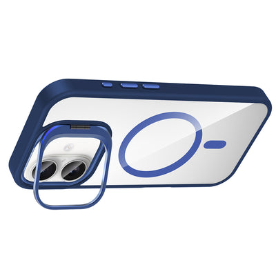 Apple iPhone 16 Kılıf Standlı ve Kamera Lens Hediyeli M-Safe Şarj Özellikli Zore Etro Kapak Gri