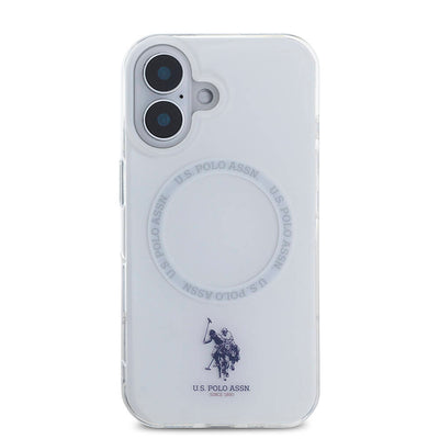 Apple iPhone 16 Kılıf U.S. Polo Assn. Orjinal Lisanslı Magsafe Şarj Özellikli IML Double Horse Logolu Ring Kapak Beyaz