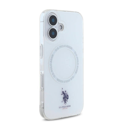 Apple iPhone 16 Kılıf U.S. Polo Assn. Orjinal Lisanslı Magsafe Şarj Özellikli IML Double Horse Logolu Ring Kapak Beyaz
