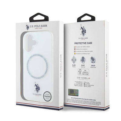 Apple iPhone 16 Kılıf U.S. Polo Assn. Orjinal Lisanslı Magsafe Şarj Özellikli IML Double Horse Logolu Ring Kapak Beyaz