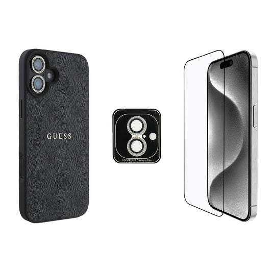 iPhone 16 Plus Guess Orjinal Lisanslı Kılıf + Ekran Koruyucu + Lens Koruyucu 3in1 Aksesuar Seti