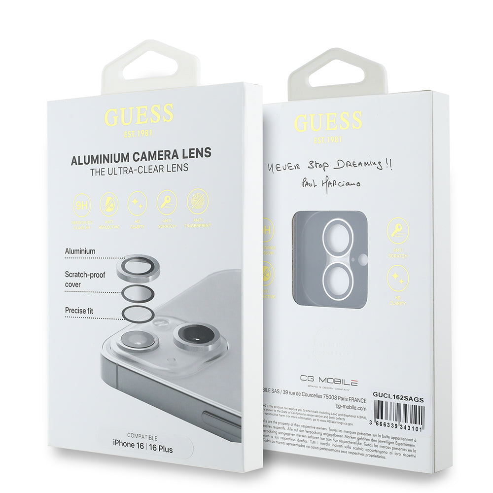 Apple iPhone 16 Plus Guess Orjinal Lisanslı Metal Kamera Lens Koruyucu Gümüş