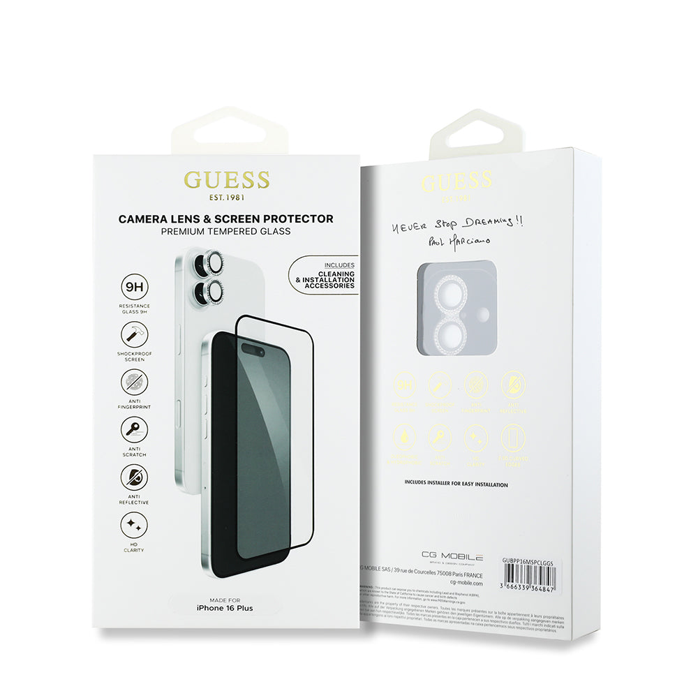 iPhone 16 Plus Guess Orjinal Lisanslı Rhinestone Ekran Koruyucu + Lens Koruyucu 2in1 Aksesuar Seti