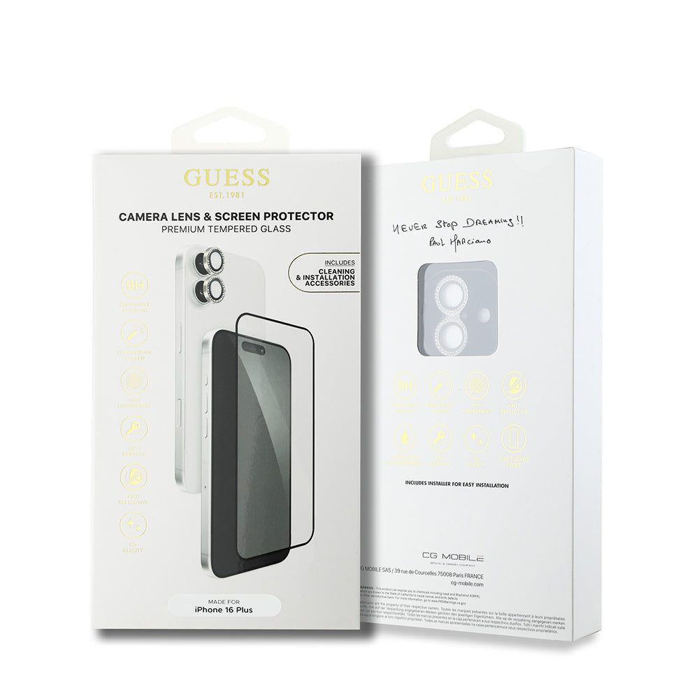 iPhone 16 Plus Guess Orjinal Lisanslı Rhinestone Ekran Koruyucu + Lens Koruyucu 2in1 Aksesuar Seti