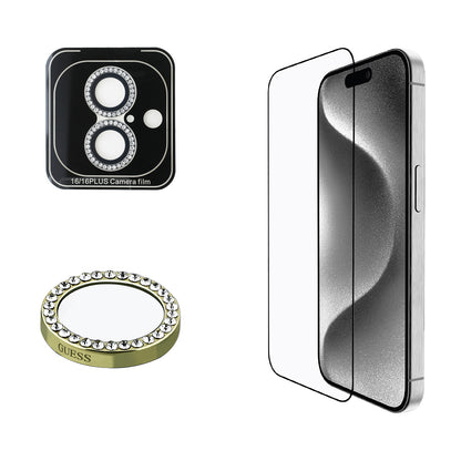 iPhone 16 Plus Guess Orjinal Lisanslı Rhinestone Ekran Koruyucu + Lens Koruyucu 2in1 Aksesuar Seti