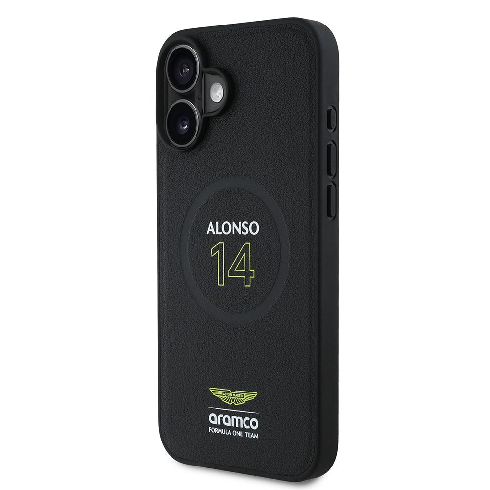 Apple iPhone 16 Plus Kılıf Aston Martin Orjinal Lisanslı M-safe Şarj Özellikli PU Deri Alonso 14 Baskılı Kapak Siyah