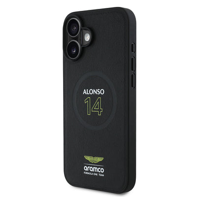 Apple iPhone 16 Plus Kılıf Aston Martin Orjinal Lisanslı M-safe Şarj Özellikli PU Deri Alonso 14 Baskılı Kapak Siyah