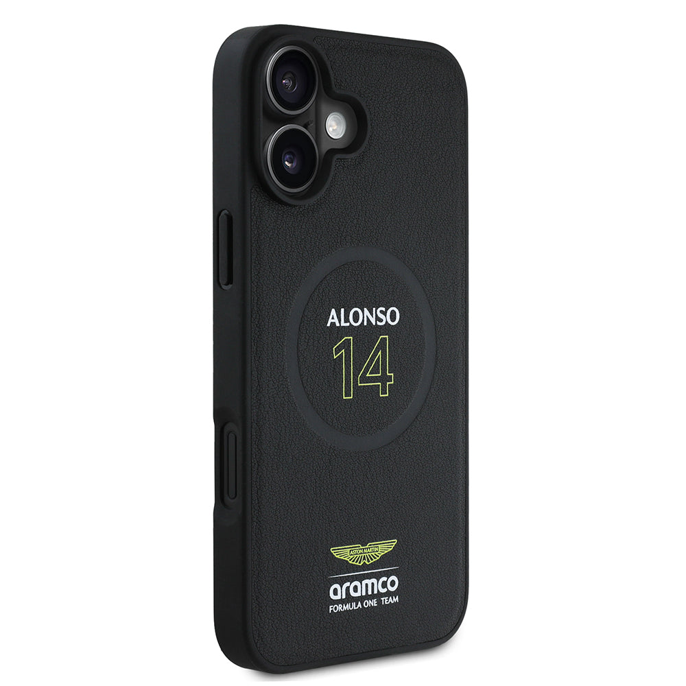 Apple iPhone 16 Plus Kılıf Aston Martin Orjinal Lisanslı M-safe Şarj Özellikli PU Deri Alonso 14 Baskılı Kapak Siyah