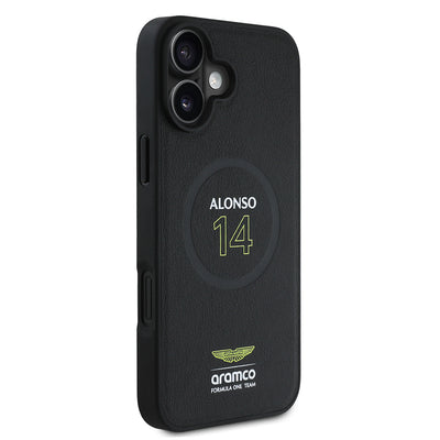 Apple iPhone 16 Plus Kılıf Aston Martin Orjinal Lisanslı M-safe Şarj Özellikli PU Deri Alonso 14 Baskılı Kapak Siyah
