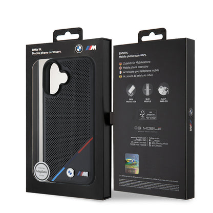 iPhone 16 Plus Kılıf BMW Orjinal Lisanslı M-safe Şarj Özellikli M Logolu Üç Çizgili Delikli Deri Kılıf