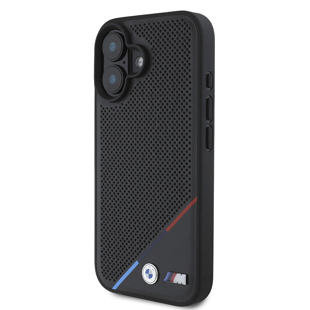 iPhone 16 Plus Kılıf BMW Orjinal Lisanslı M-safe Şarj Özellikli M Logolu Üç Çizgili Delikli Deri Kılıf