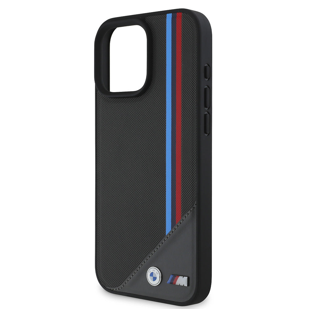 Apple iPhone 16 Plus Kılıf BMW Orjinal Lisanslı Magsafe Şarj Özellikli M Logolu Üç Çizgili Dikiş Detaylı Meshed Tricolor Stripes Kapak Siyah
