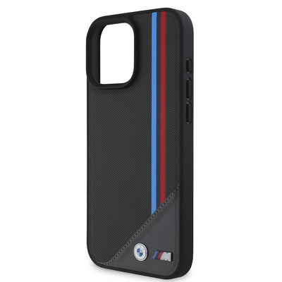 Apple iPhone 16 Plus Kılıf BMW Orjinal Lisanslı Magsafe Şarj Özellikli M Logolu Üç Çizgili Dikiş Detaylı Meshed Tricolor Stripes Kapak Siyah