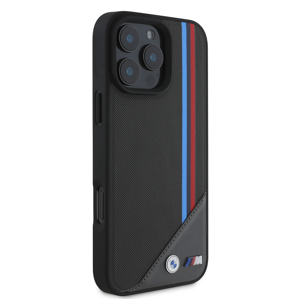 Apple iPhone 16 Plus Kılıf BMW Orjinal Lisanslı Magsafe Şarj Özellikli M Logolu Üç Çizgili Dikiş Detaylı Meshed Tricolor Stripes Kapak Siyah
