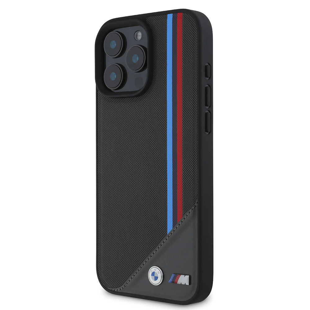 Apple iPhone 16 Plus Kılıf BMW Orjinal Lisanslı Magsafe Şarj Özellikli M Logolu Üç Çizgili Dikiş Detaylı Meshed Tricolor Stripes Kapak Siyah