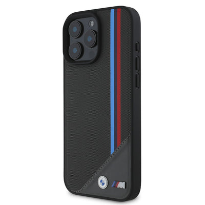 Apple iPhone 16 Plus Kılıf BMW Orjinal Lisanslı Magsafe Şarj Özellikli M Logolu Üç Çizgili Dikiş Detaylı Meshed Tricolor Stripes Kapak Siyah