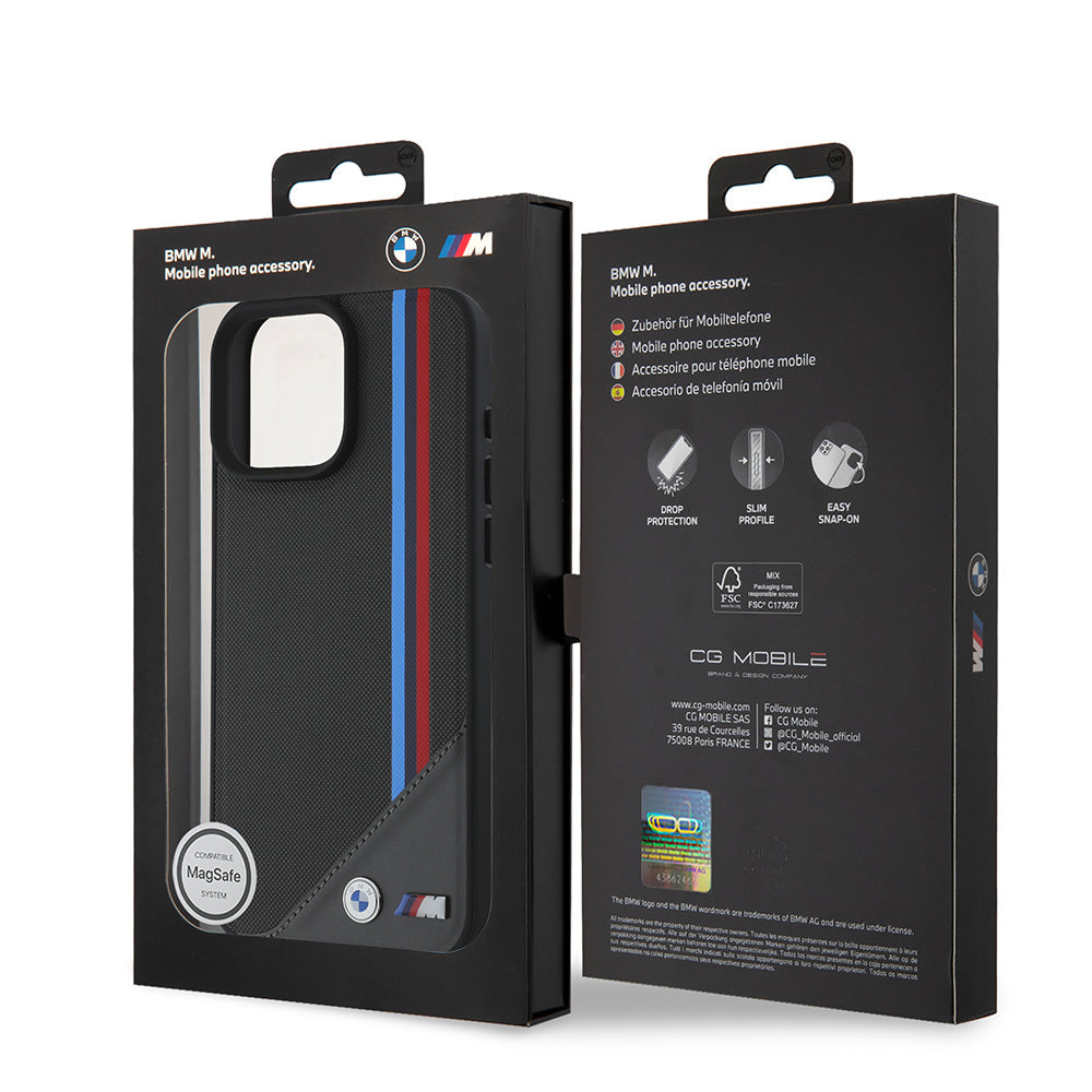 Apple iPhone 16 Plus Kılıf BMW Orjinal Lisanslı Magsafe Şarj Özellikli M Logolu Üç Çizgili Dikiş Detaylı Meshed Tricolor Stripes Kapak Siyah