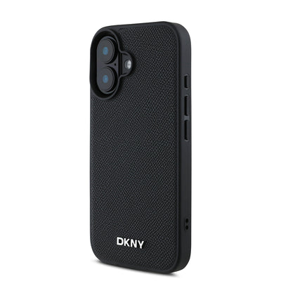 Apple iPhone 16 Plus Kılıf DKNY Orjinal Lisanslı Magsafe Şarj Özellikli Metal Logolu PU Deri Grained Kapak Siyah