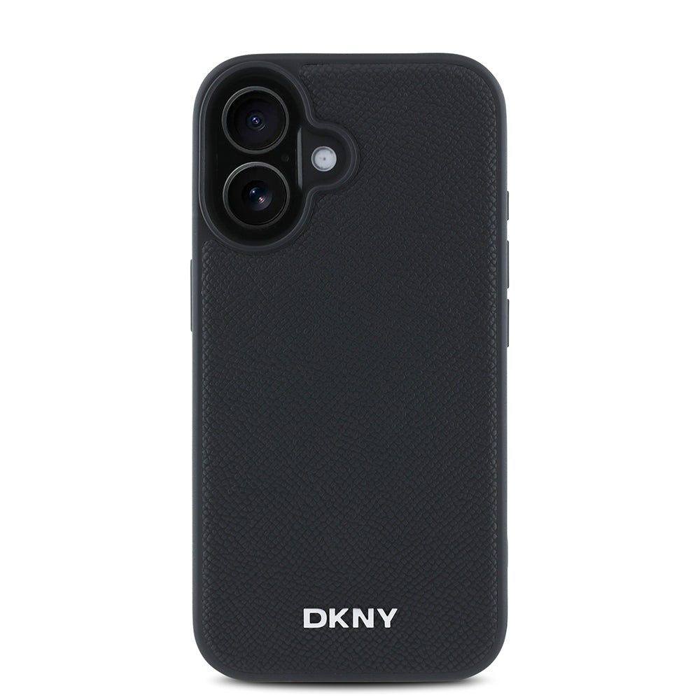 Apple iPhone 16 Plus Kılıf DKNY Orjinal Lisanslı Magsafe Şarj Özellikli Metal Logolu PU Deri Grained Kapak Siyah