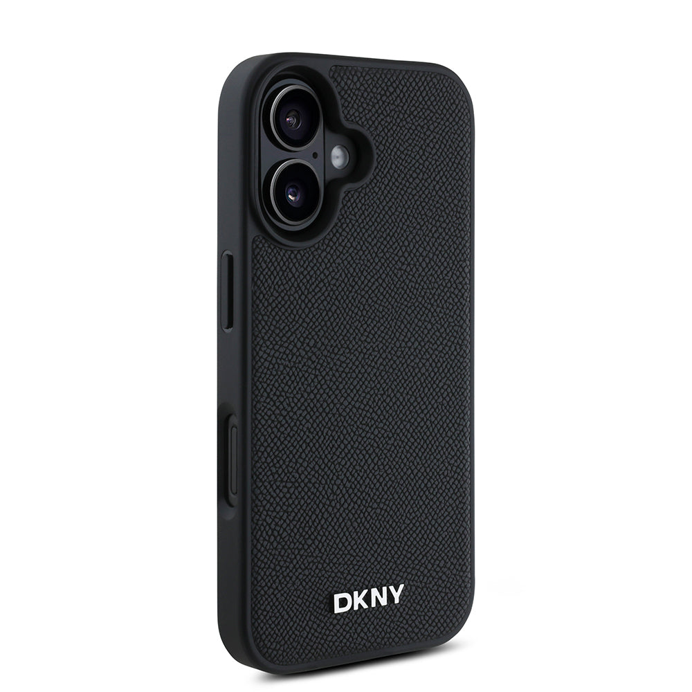 Apple iPhone 16 Plus Kılıf DKNY Orjinal Lisanslı Magsafe Şarj Özellikli Metal Logolu PU Deri Grained Kapak Siyah