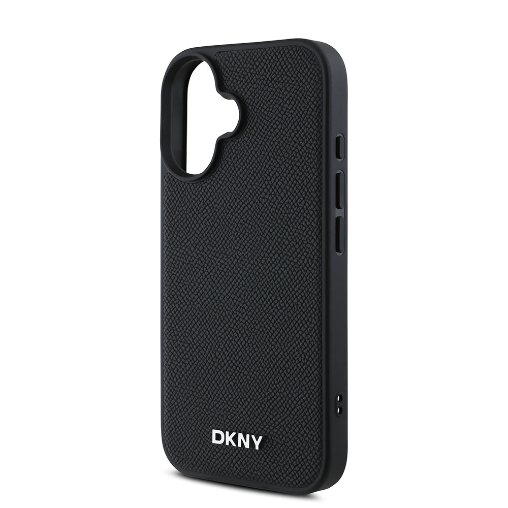 Apple iPhone 16 Plus Kılıf DKNY Orjinal Lisanslı Magsafe Şarj Özellikli Metal Logolu PU Deri Grained Kapak Siyah