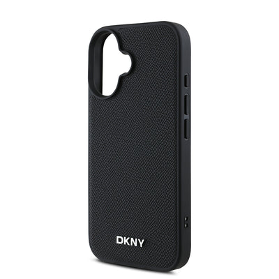 Apple iPhone 16 Plus Kılıf DKNY Orjinal Lisanslı Magsafe Şarj Özellikli Metal Logolu PU Deri Grained Kapak Siyah
