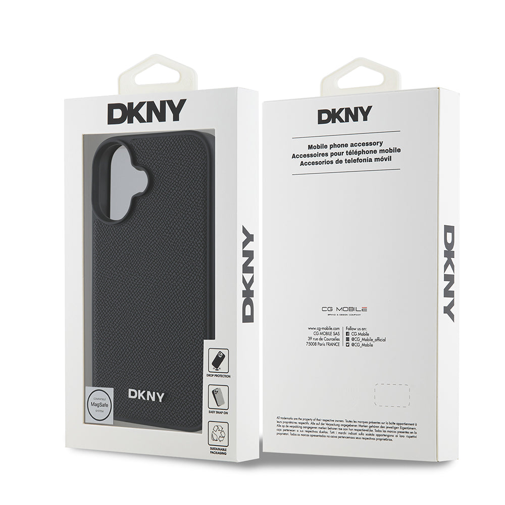 Apple iPhone 16 Plus Kılıf DKNY Orjinal Lisanslı Magsafe Şarj Özellikli Metal Logolu PU Deri Grained Kapak Siyah