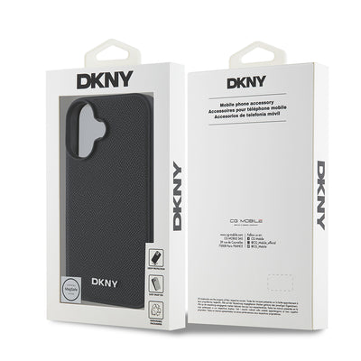 Apple iPhone 16 Plus Kılıf DKNY Orjinal Lisanslı Magsafe Şarj Özellikli Metal Logolu PU Deri Grained Kapak Siyah