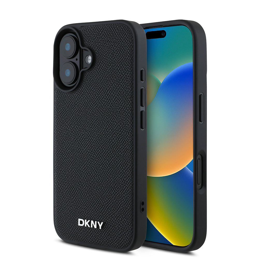 Apple iPhone 16 Plus Kılıf DKNY Orjinal Lisanslı Magsafe Şarj Özellikli Metal Logolu PU Deri Grained Kapak Siyah