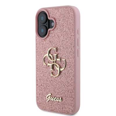 Apple iPhone 16 Plus Kılıf Guess Orjinal Lisanslı 4G Büyük Metal Logolu Glitter Kapak Gold