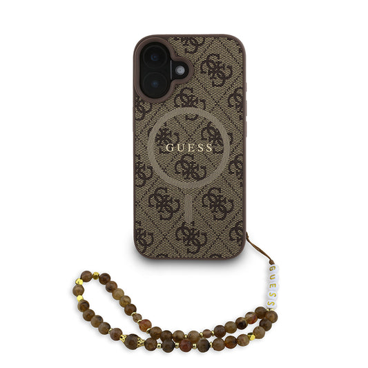 iPhone 16 Plus Kılıf Guess Orjinal Lisanslı M-safe Şarj Özellikli PU Deri Bilek Askı İpli Yazı Logolu Kılıf