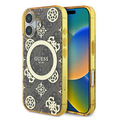 Apple iPhone 16 Plus Kılıf Guess Orjinal Lisanslı Magsafe Şarj Özellikli 4G Desenli IML Yazı Logolu Peony Kapak Pembe
