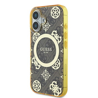 Apple iPhone 16 Plus Kılıf Guess Orjinal Lisanslı Magsafe Şarj Özellikli 4G Desenli IML Yazı Logolu Peony Kapak Kahverengi