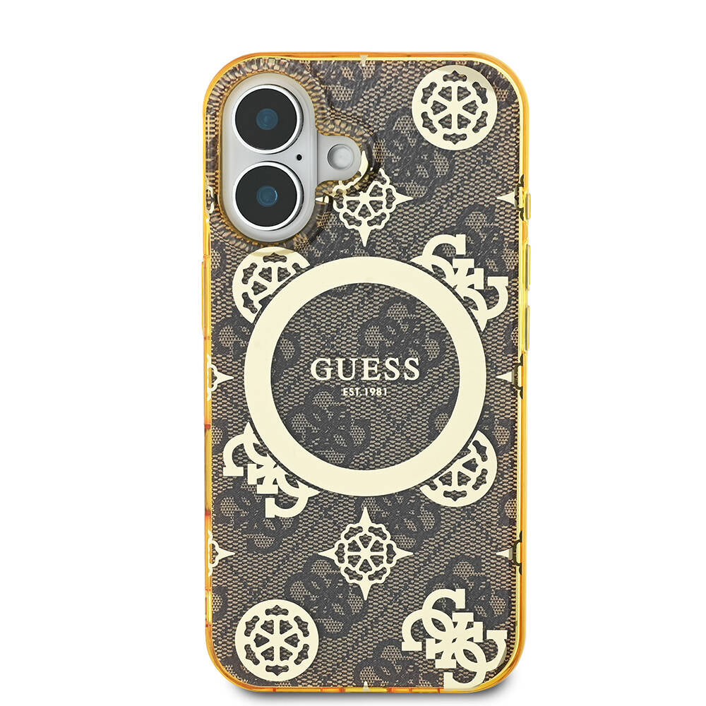 Apple iPhone 16 Plus Kılıf Guess Orjinal Lisanslı Magsafe Şarj Özellikli 4G Desenli IML Yazı Logolu Peony Kapak Pembe