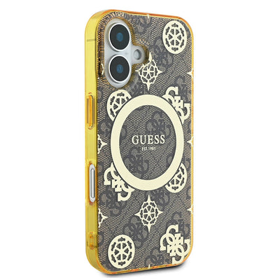Apple iPhone 16 Plus Kılıf Guess Orjinal Lisanslı Magsafe Şarj Özellikli 4G Desenli IML Yazı Logolu Peony Kapak Kahverengi