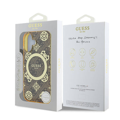 Apple iPhone 16 Plus Kılıf Guess Orjinal Lisanslı Magsafe Şarj Özellikli 4G Desenli IML Yazı Logolu Peony Kapak Pembe