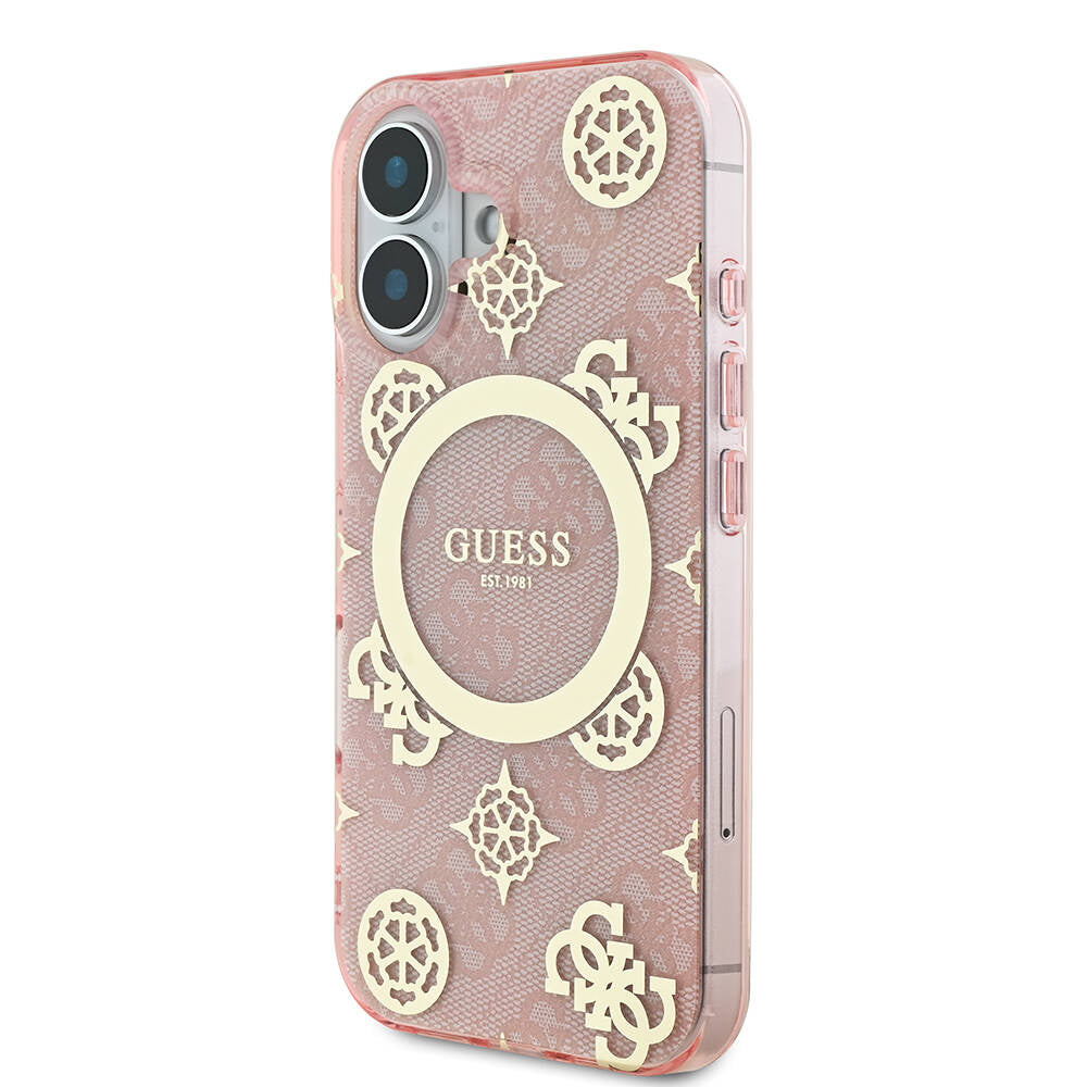 Apple iPhone 16 Plus Kılıf Guess Orjinal Lisanslı Magsafe Şarj Özellikli 4G Desenli IML Yazı Logolu Peony Kapak Pembe