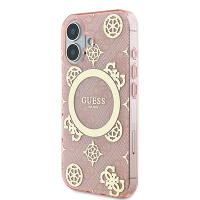 Apple iPhone 16 Plus Kılıf Guess Orjinal Lisanslı Magsafe Şarj Özellikli 4G Desenli IML Yazı Logolu Peony Kapak Pembe