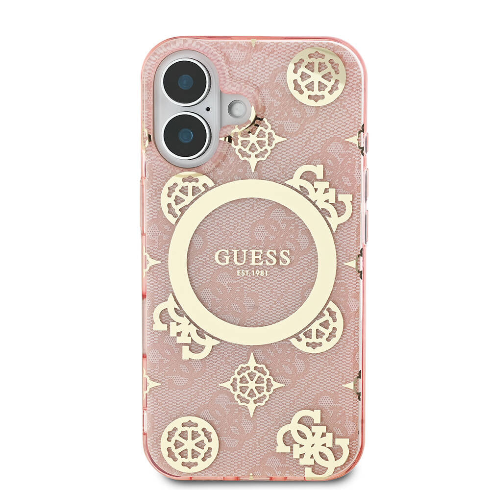 Apple iPhone 16 Plus Kılıf Guess Orjinal Lisanslı Magsafe Şarj Özellikli 4G Desenli IML Yazı Logolu Peony Kapak Kahverengi